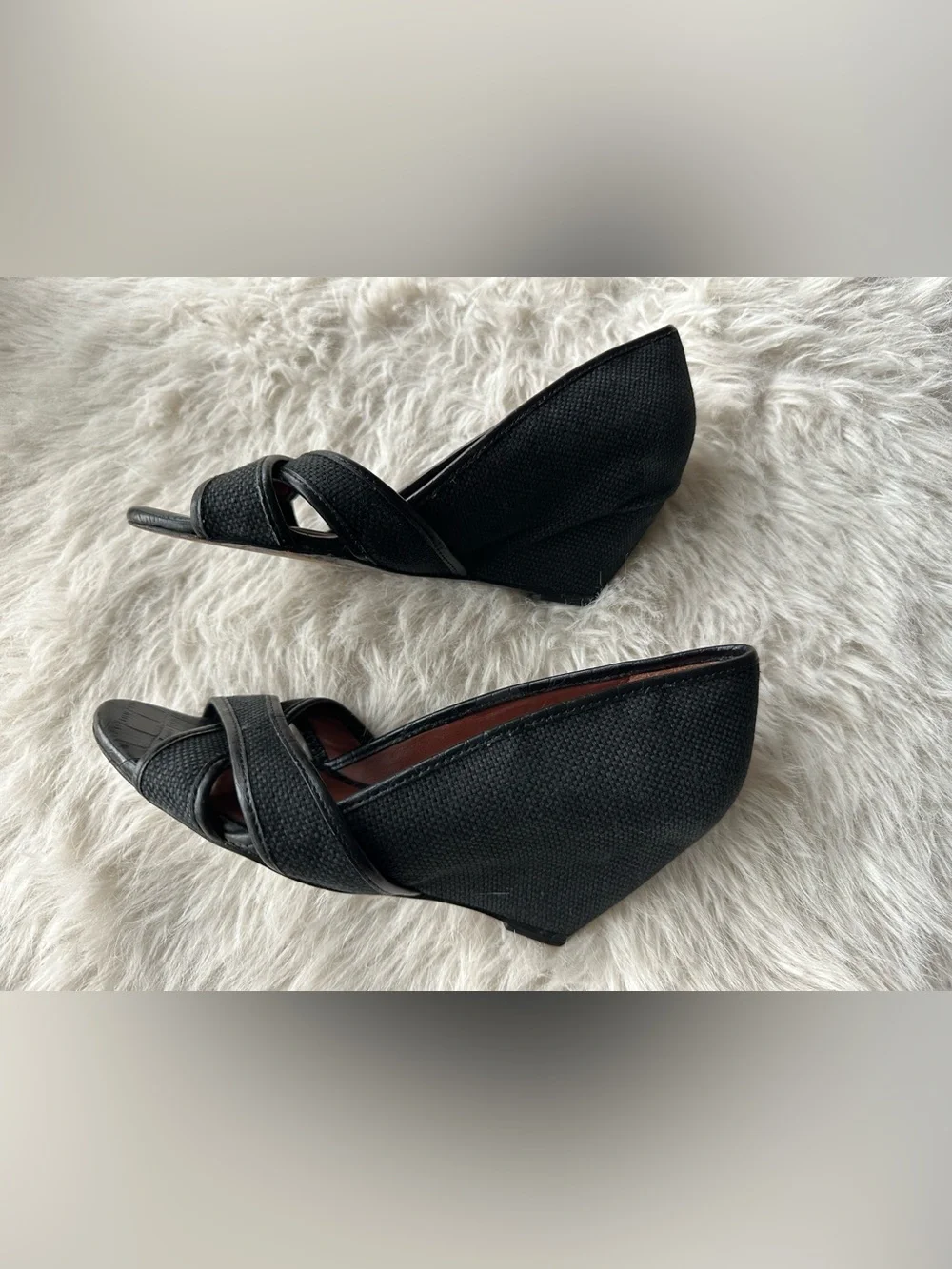 Elizabeth and James Black Textured Wedge Peep-Toe Pumps 6